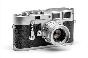 Vintage film camera isolated on white background, close-up product photograph