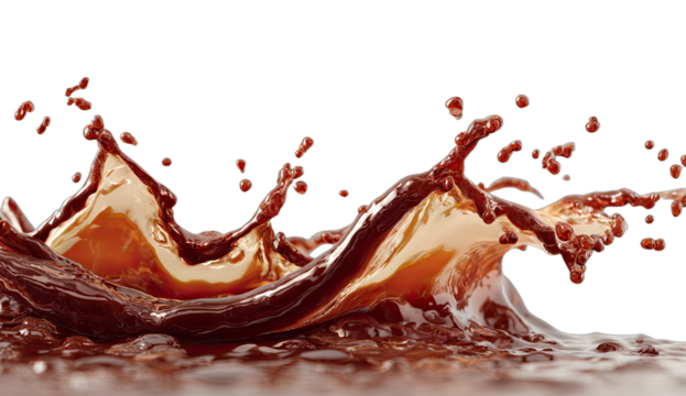 Rich brown liquid splashes dynamically, creating peaks and droplets