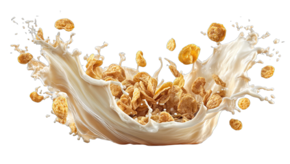 Golden crunchy breakfast flakes explode upwards in a white milk splash