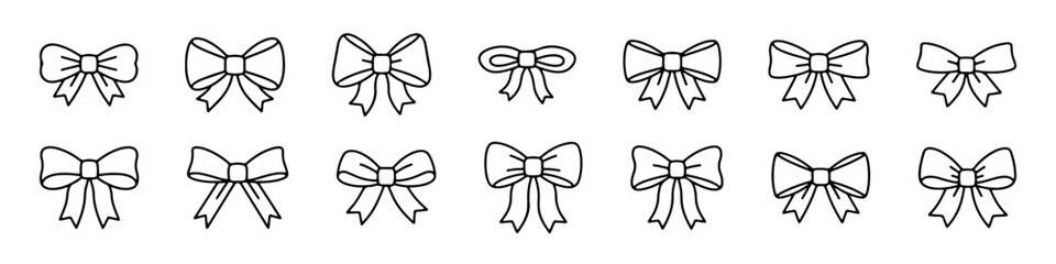 A diverse collection of hand-drawn outline bow and ribbon icons, suitable for decorative and festive designs