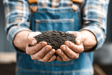 Close-up view of hands holding rich soil in a gardening setting Generative AI