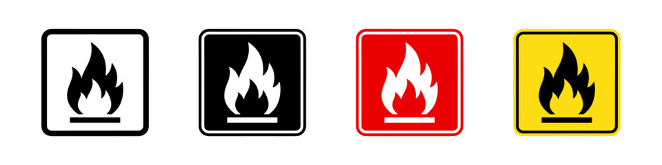 Warning fire icon set. Signaling flame, heat, or danger. © drawing lines