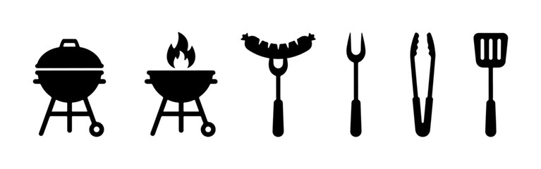 Set of black silhouette barbecue and grilling icons, including grills, sausage, fork, tongs, and spatula.