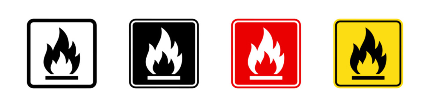 Warning fire icon set. Signaling flame, heat, or danger.
