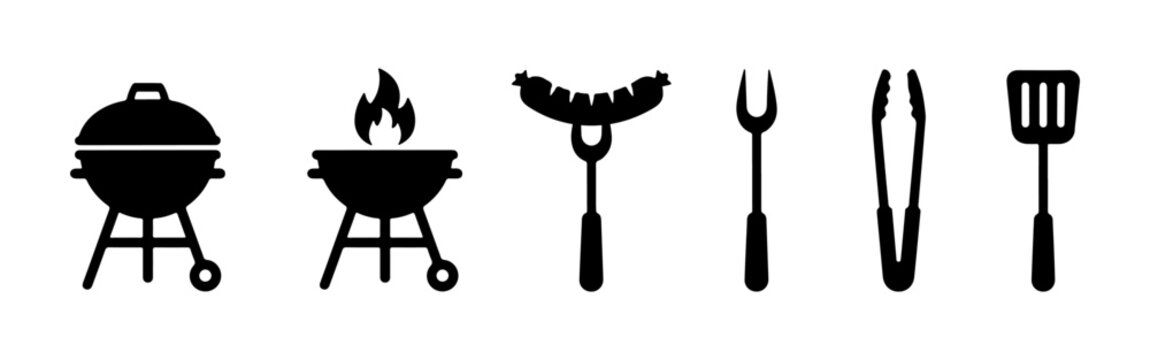 Set of black silhouette barbecue and grilling icons, including grills, sausage, fork, tongs, and spatula.