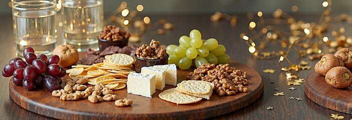 Festive cheese and nut platter with grapes and crackers on wooden board