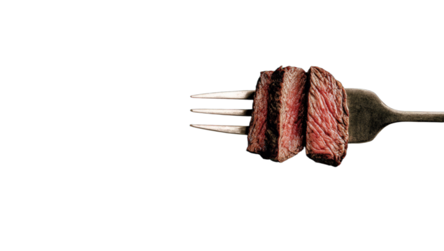 Two slices of medium-rare grilled meat on a silver fork against a black background