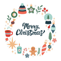 Fototapeta premium Hand drawn Christmas round frame, copy space, postcard, greeting card. Doodle Christmas winter decoration circular frame. Merry Christmas lettering. Christmas treats, sweets, candies, cookies. Vector