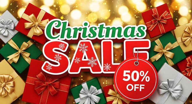 Christmas Sale 50% Off with Festive Gift Boxes and Bokeh Lights Background 50 percent off discount