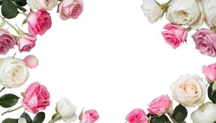 Pink and white rose buds form an oval border on a black background, top view