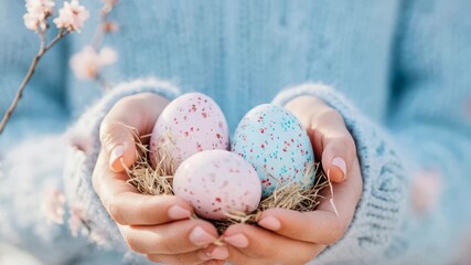 Gentle hands cradling three pastel speckled eggs in natural nest of straw, celebrating spring's arrival