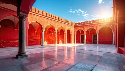 A sunlit courtyard of a red building featuring arched walkways, marble flooring, and columns, under a bright blue sky.