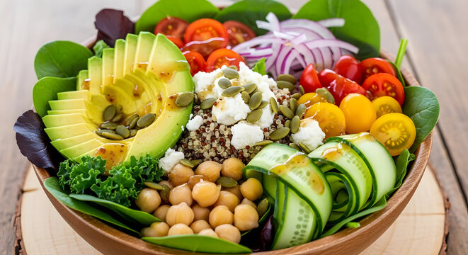 Close up of a vibrant buddha bowl with avocado quinoa chickpeas and colorful vegetables served fresh
