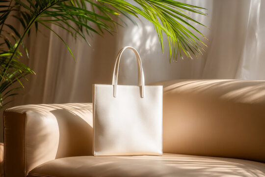 Elegant white textured tote bag displayed on beige leather sofa with tropical plant accents and soft natural sunlight filtering through curtains