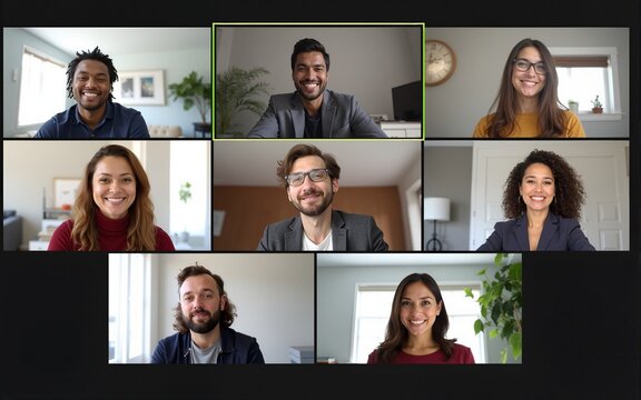 Virtual conference, webinar, online meeting video screen. Group of diverse employee, colleagues using app for video communication, virtual conference, looking at the camera. Collage of diverse people