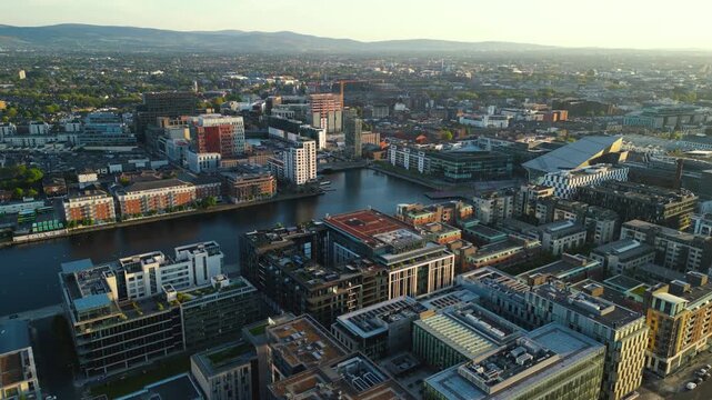 Aerial view of Grand Canal Dock in Dublin 4 - new modern business buildings in a business area of dublin - Ireland