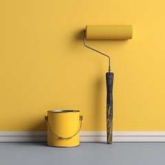 Obraz premium Paint roller and matching yellow paint bucket placed against a yellow wall in a modern interior.