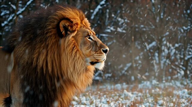 Majestic Male Lion Portrait Against Snowy Forest Backdrop in Winter