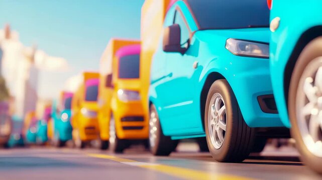 Cheerful procession of colorful delivery trucks driving down sunny road, depicting modern logistics with vibrant hues and playful creation