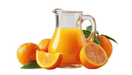 A clear pitcher of vibrant orange juice surrounded by whole and sliced fresh oranges