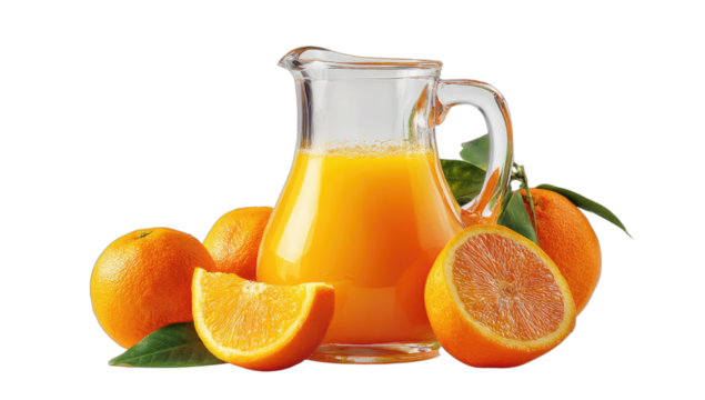 A clear pitcher of vibrant orange juice surrounded by whole and sliced fresh oranges