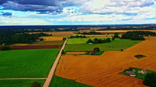 Drone view of farmland landscape with dirt roads and patchy fields under clouds