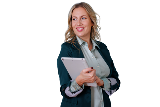 Businesswoman holding a tablet, smiling and looking away. Professional adult woman is dressed in a suit, featuring transparent background