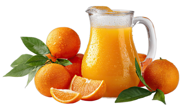 Freshly squeezed citrus beverage in a clear pitcher with whole fruit and green leaves