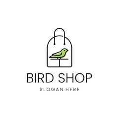 Modern, minimalist bird shop logo with a charming green bird in a cage. Perfect for pet store branding.
