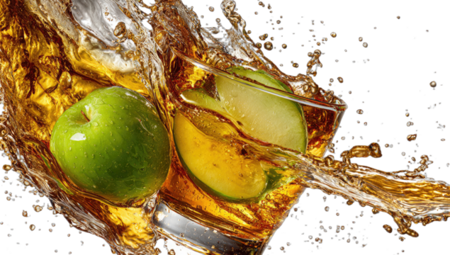 A dynamic splash of amber liquid with green apples and a glass against a dark background