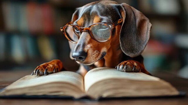 Intelligent Dachshund canine wearing spectacles, deeply engrossed in open book within warm, scholarly environment