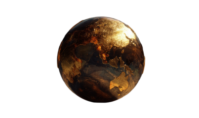 Abstract dark metallic globe with golden continents, reflective, against a black background