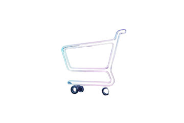 Neon glowing shopping cart outline with blue and purple hues on a dark background