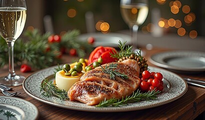 Festive christmas dinner table with roasted chicken and holiday decorations