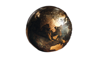 A shimmering, dark metallic globe showing Asia and Oceania on black background