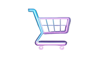 Vibrant neon-style shopping cart glowing with blue and purple hues on a dark background