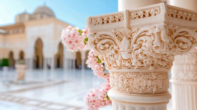 Majestic cream column capital with elaborate ornamental carving, graced by vibrant pink flowers and distant palatial structure under clear sky