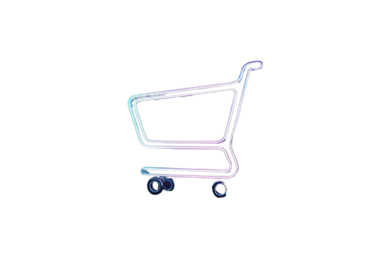 Neon glowing shopping cart outline with blue and purple hues on a dark background