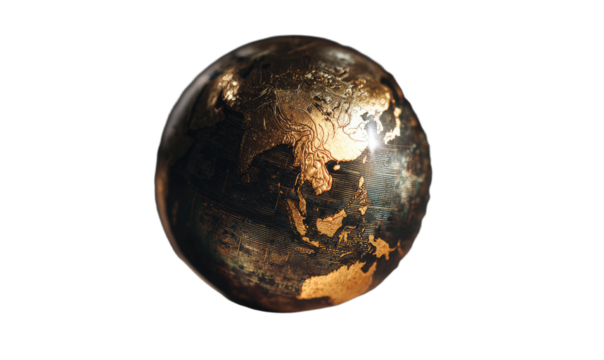 A shimmering, dark metallic globe showing Asia and Oceania on black background