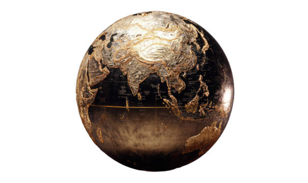 Ornate dark globe with shiny gold-colored continents, isolated on black background