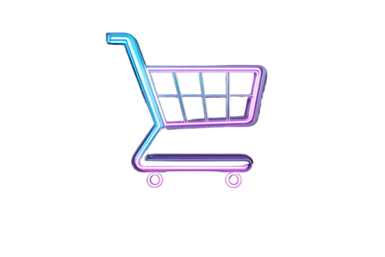 Vibrant neon-style shopping cart glowing with blue and purple hues on a dark background