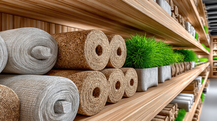 shelves with natural insulation materials in construction center including cork rolls and hemp fiber panels, green building concept with copy space