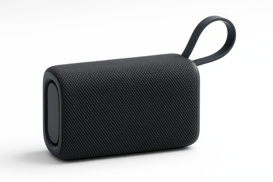 Portable smart wireless speaker rectangular form on white background side passive radiator and silicone carry strap arcing upward for audio travel themes