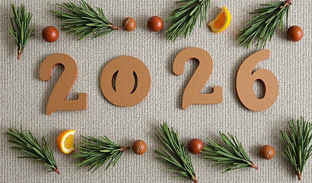 Festive new year 2026 design with pine branches and oranges on textured background