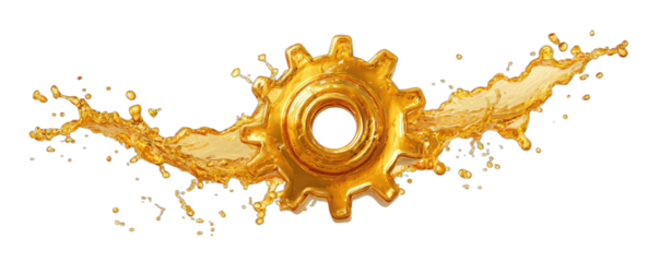 Golden gear with vibrant liquid splashing outward, symbolizing power and flow