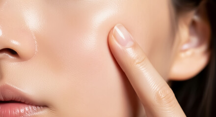 Obraz premium Skincare portrait Caucasian woman touching cheek with glowing skin