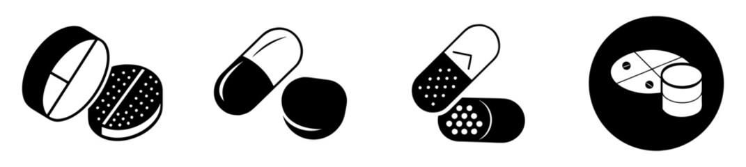 Collection of black and white icons representing different types of pills and capsules, including round tablets and elongated capsules, on a