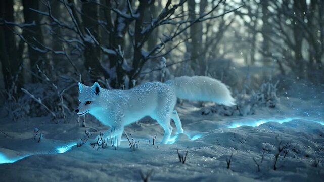 Snowy Blue Moonlit Forest Scene Featuring a White Wolf in Motion Through Winter Wilderness