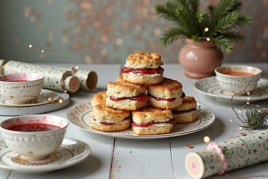Festive scones with jam and cream on holiday table setting