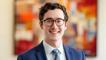 Cheerful young man in smart business attire, wearing spectacles and unique patterned necktie, smiling warmly against vibrant, abstract interior setting - Powered by Adobe